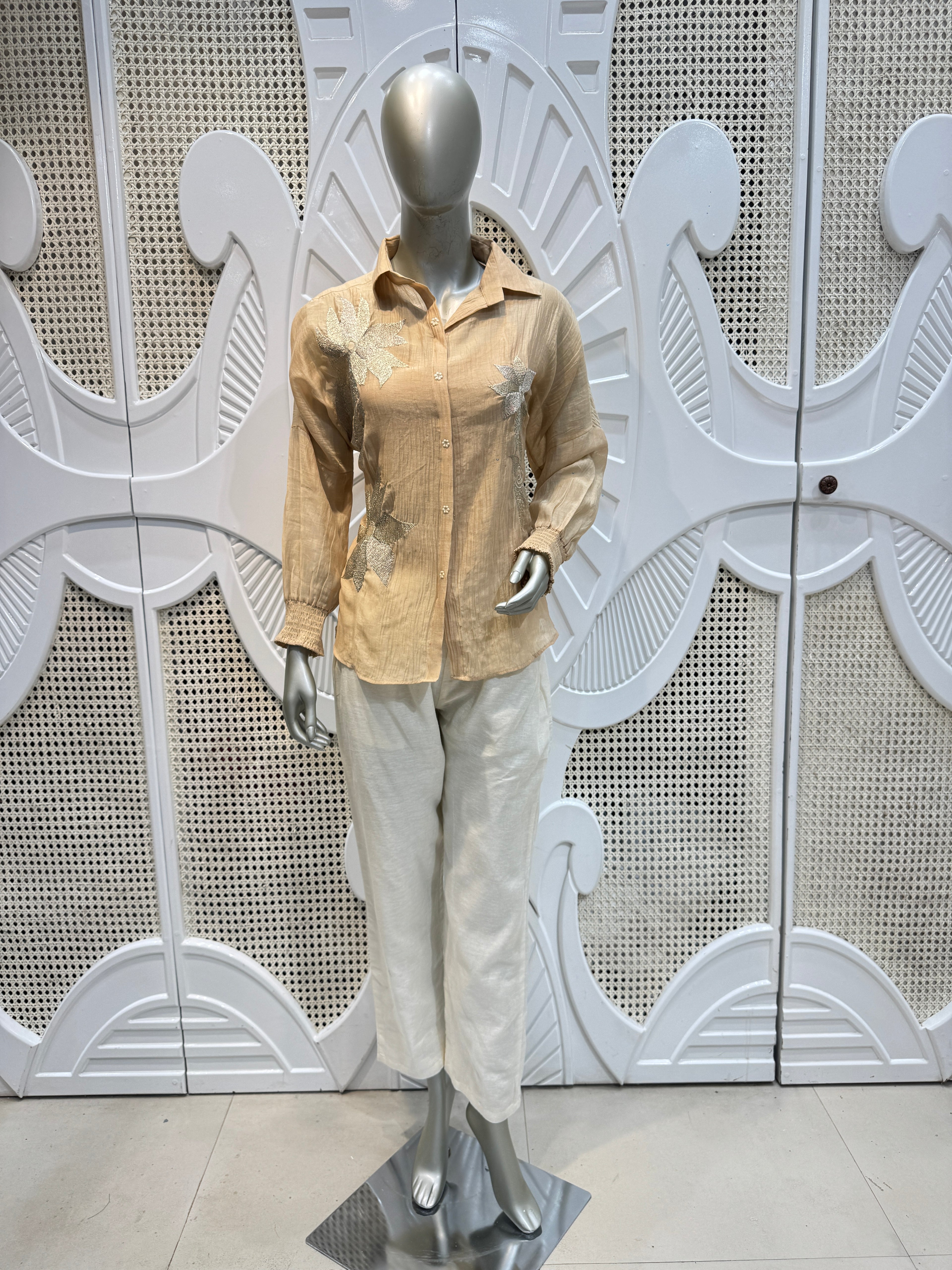 Beige Floral Appliqué Shirt Co-Ord Set