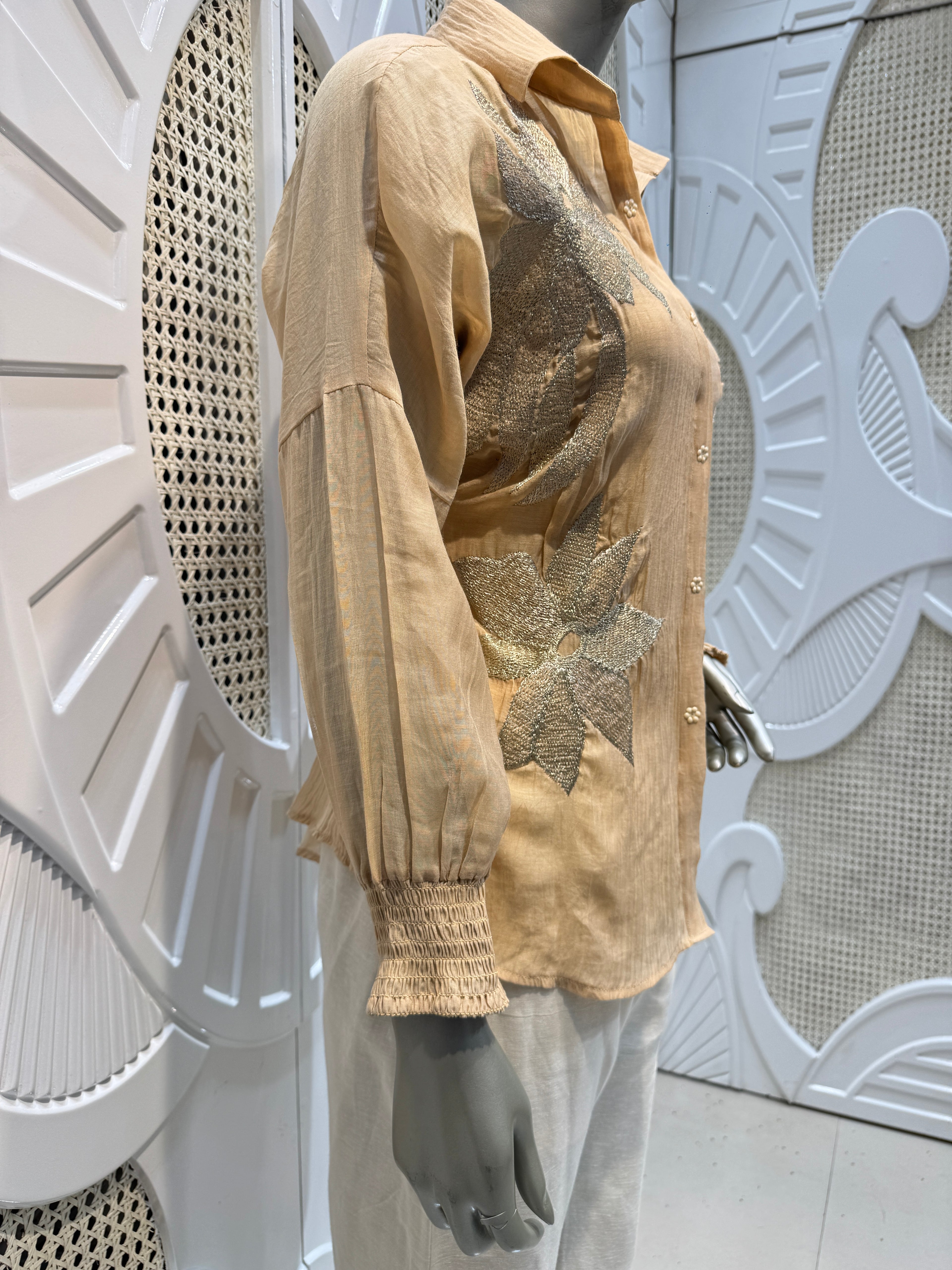 Beige Floral Appliqué Shirt Co-Ord Set
