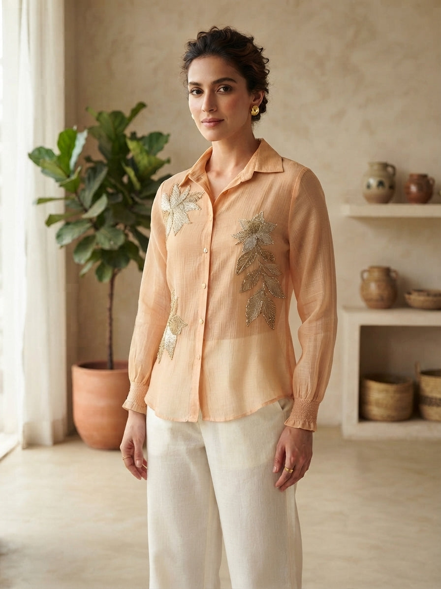 Beige Floral Appliqué Shirt Co-Ord Set