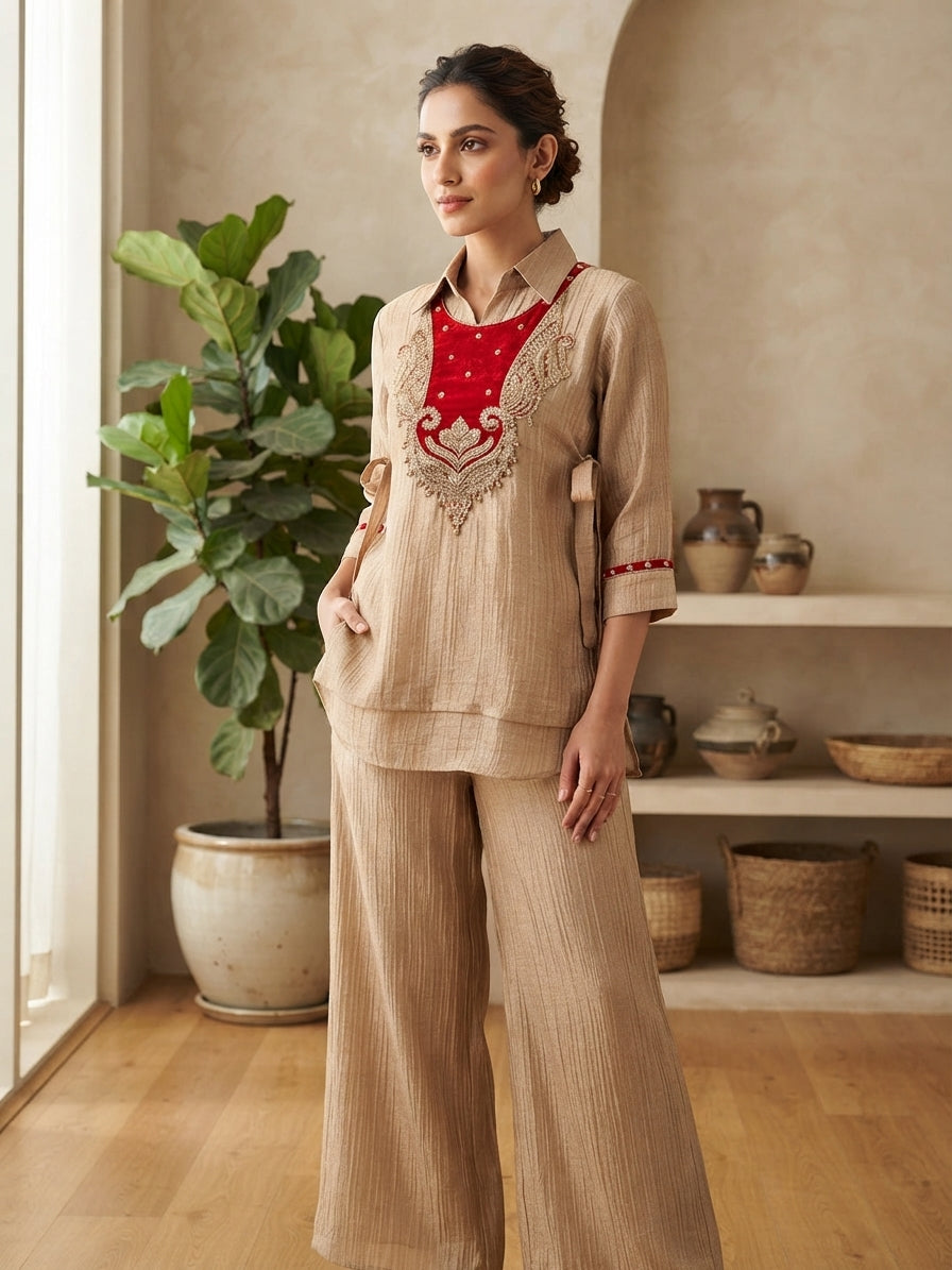 Champagne Beige Layered Embellished Co-Ord Set