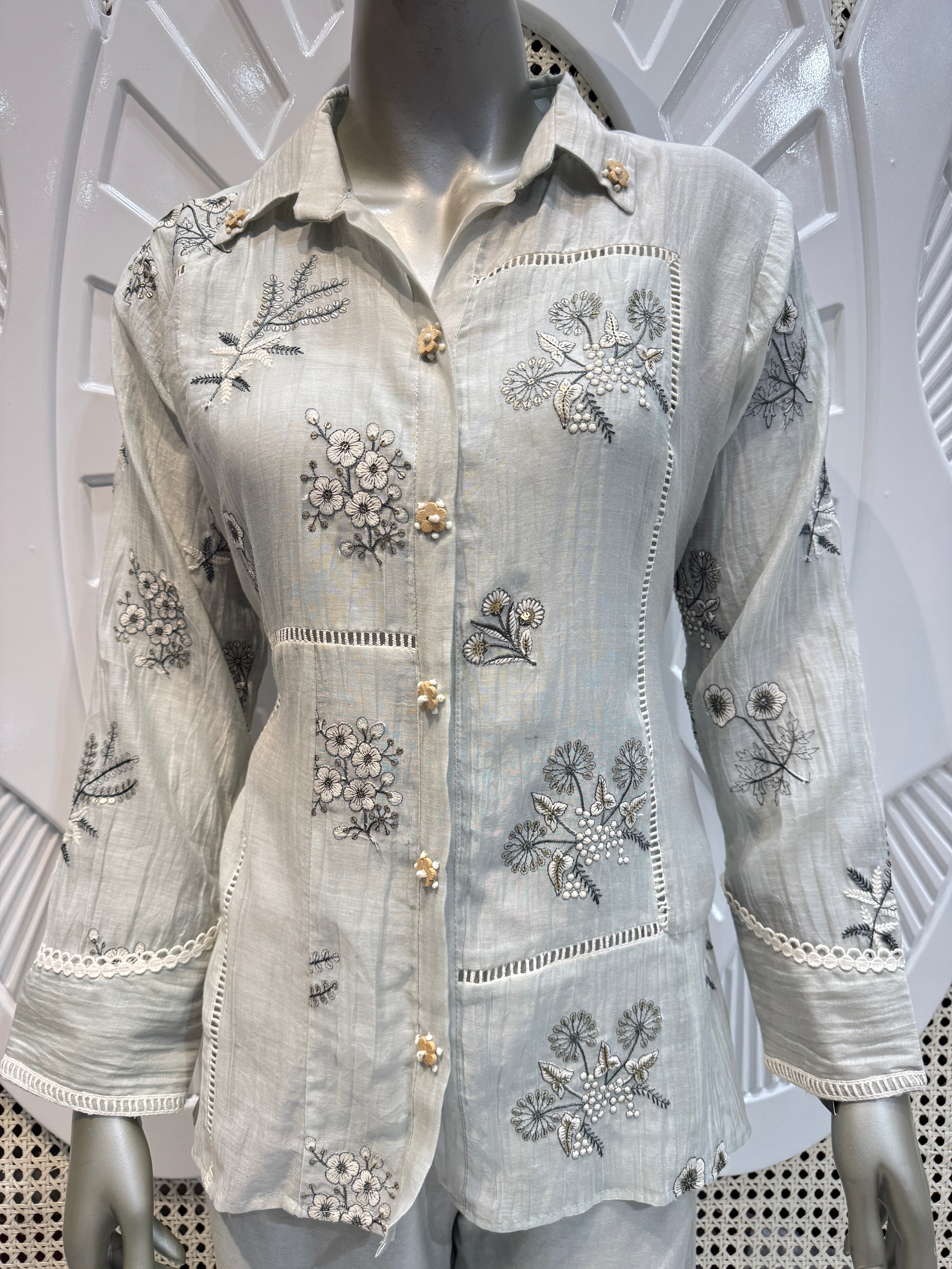 Light Green Floral Embroidered Shirt Co-Ord Set