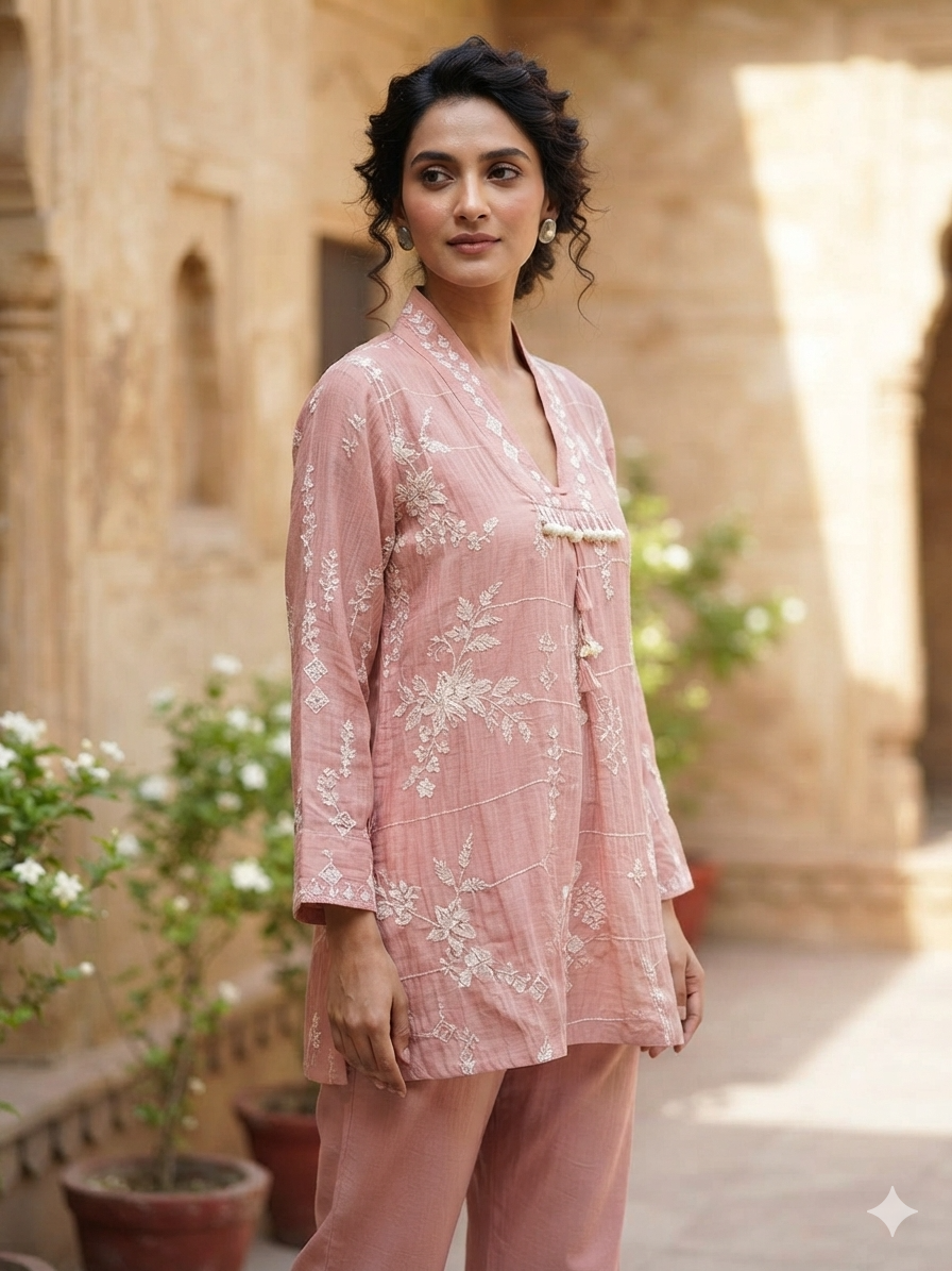Blush Pink Floral Embroidered Co-Ord Set