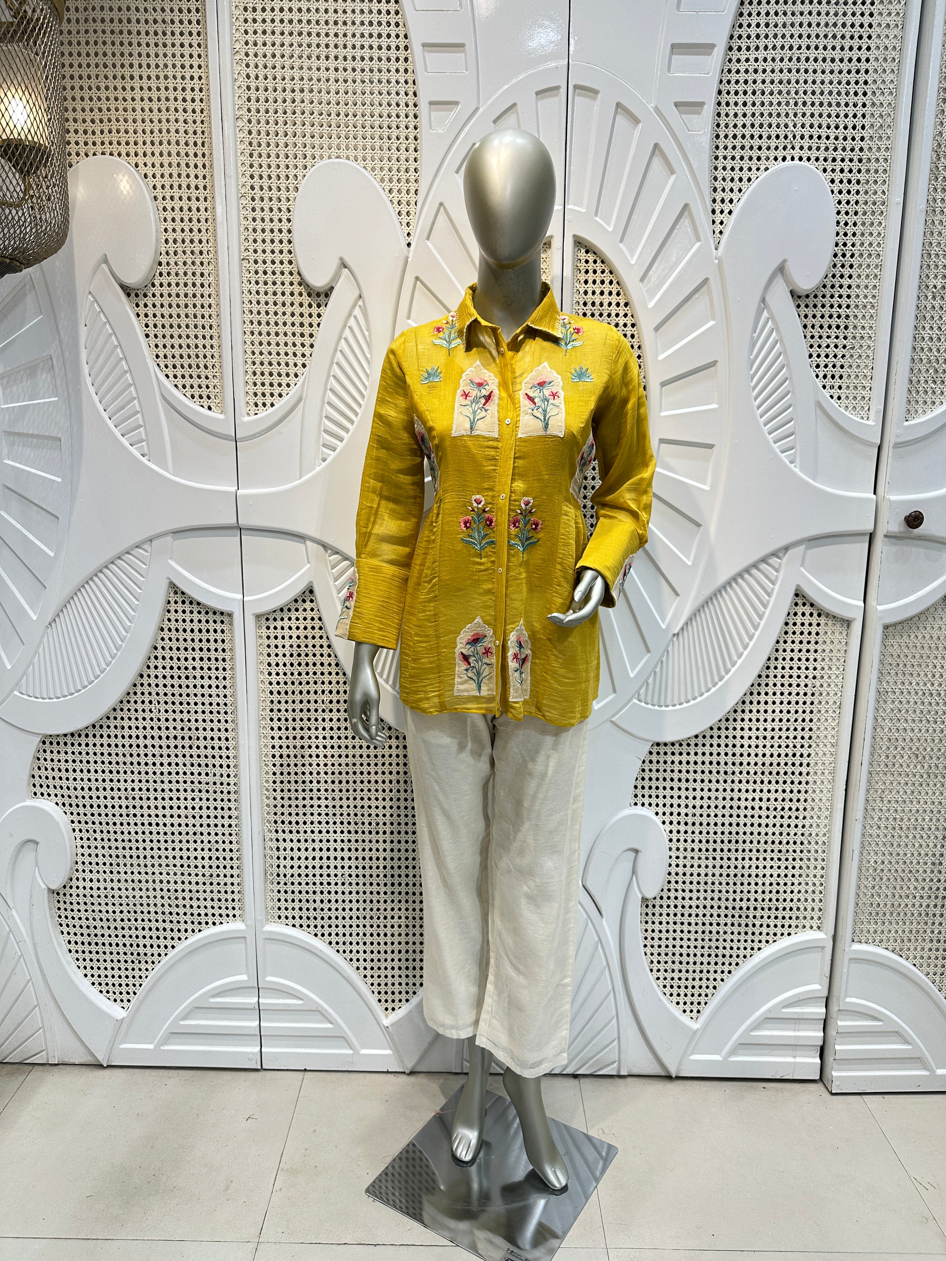 Mustard Yellow Floral Embroidered Shirt Co-Ord Set
