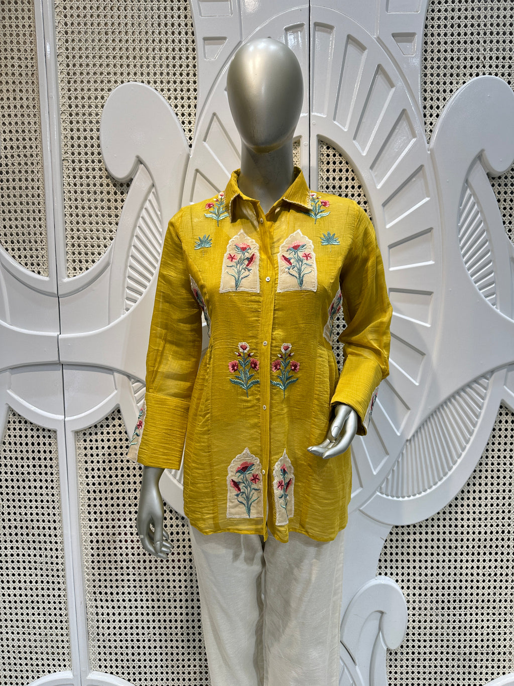 Mustard Yellow Floral Embroidered Shirt Co-Ord Set