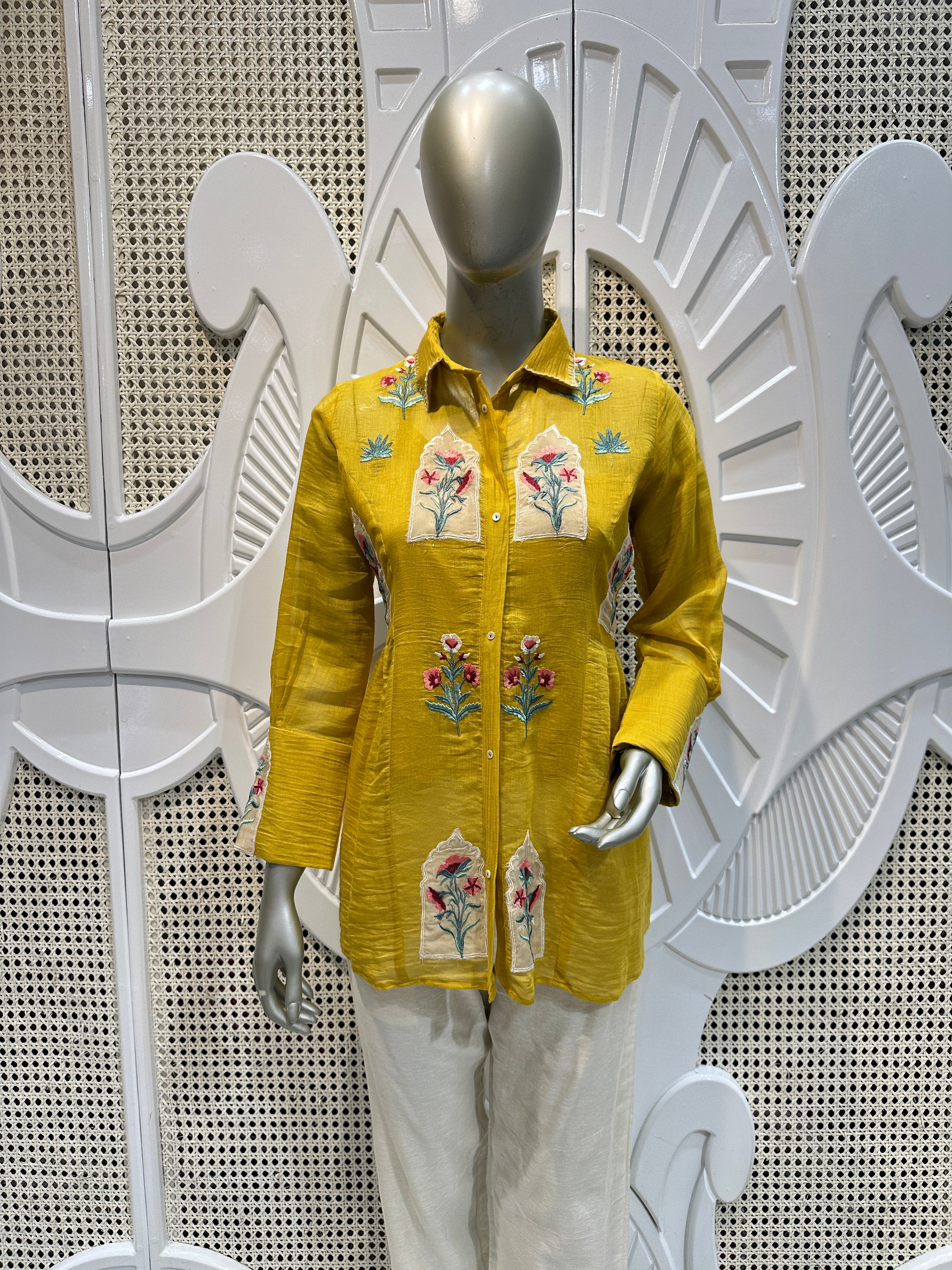 Mustard Yellow Floral Embroidered Shirt Co-Ord Set