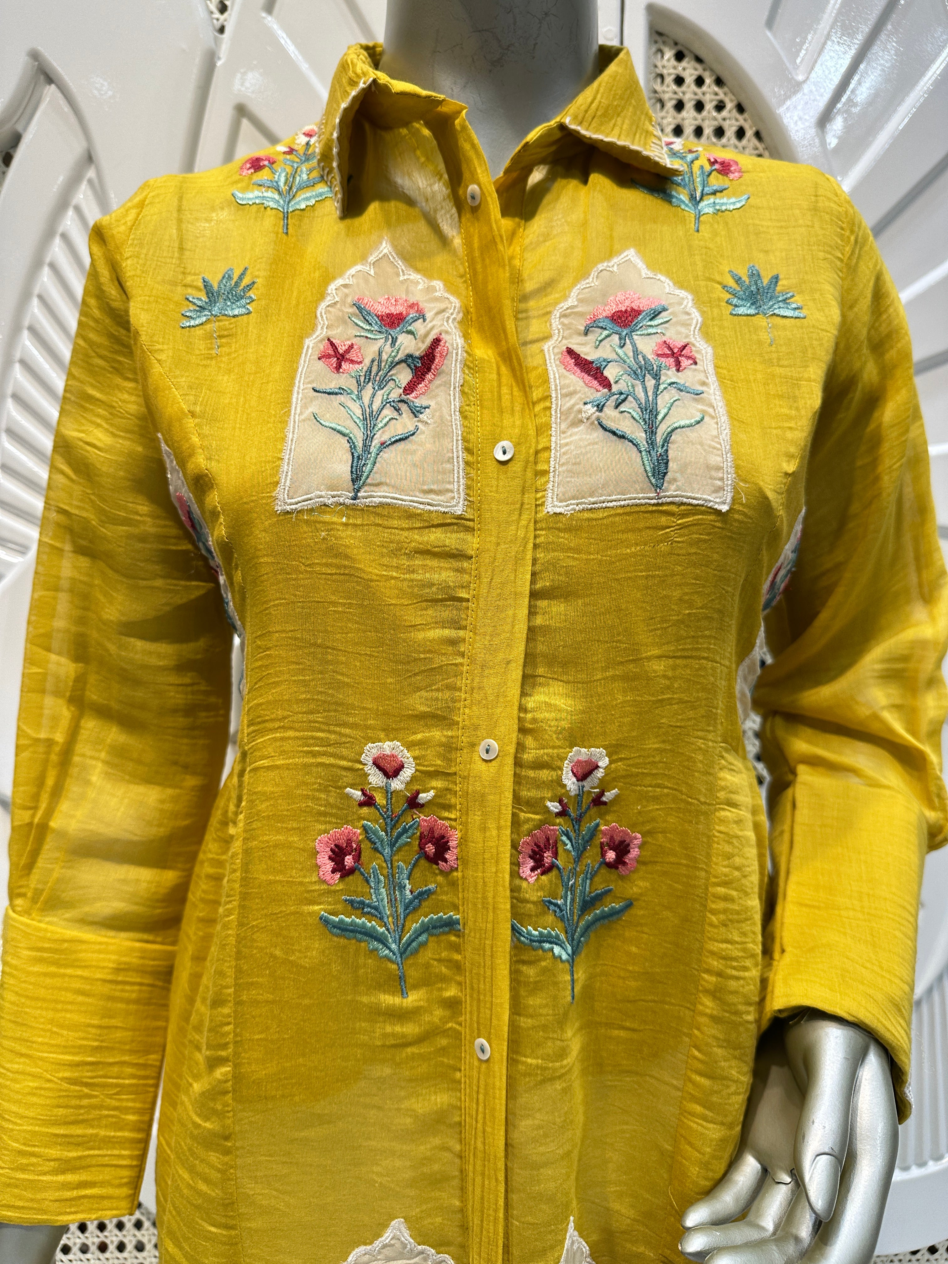 Mustard Yellow Floral Embroidered Shirt Co-Ord Set