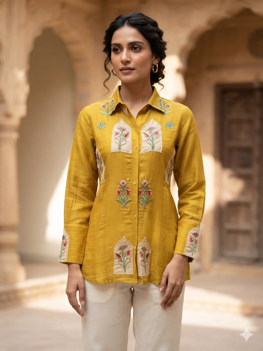 Mustard Yellow Floral Embroidered Shirt Co-Ord Set