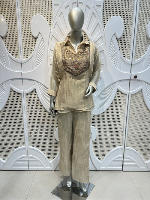 Champagne Beige Embellished Layered Co-Ord Set