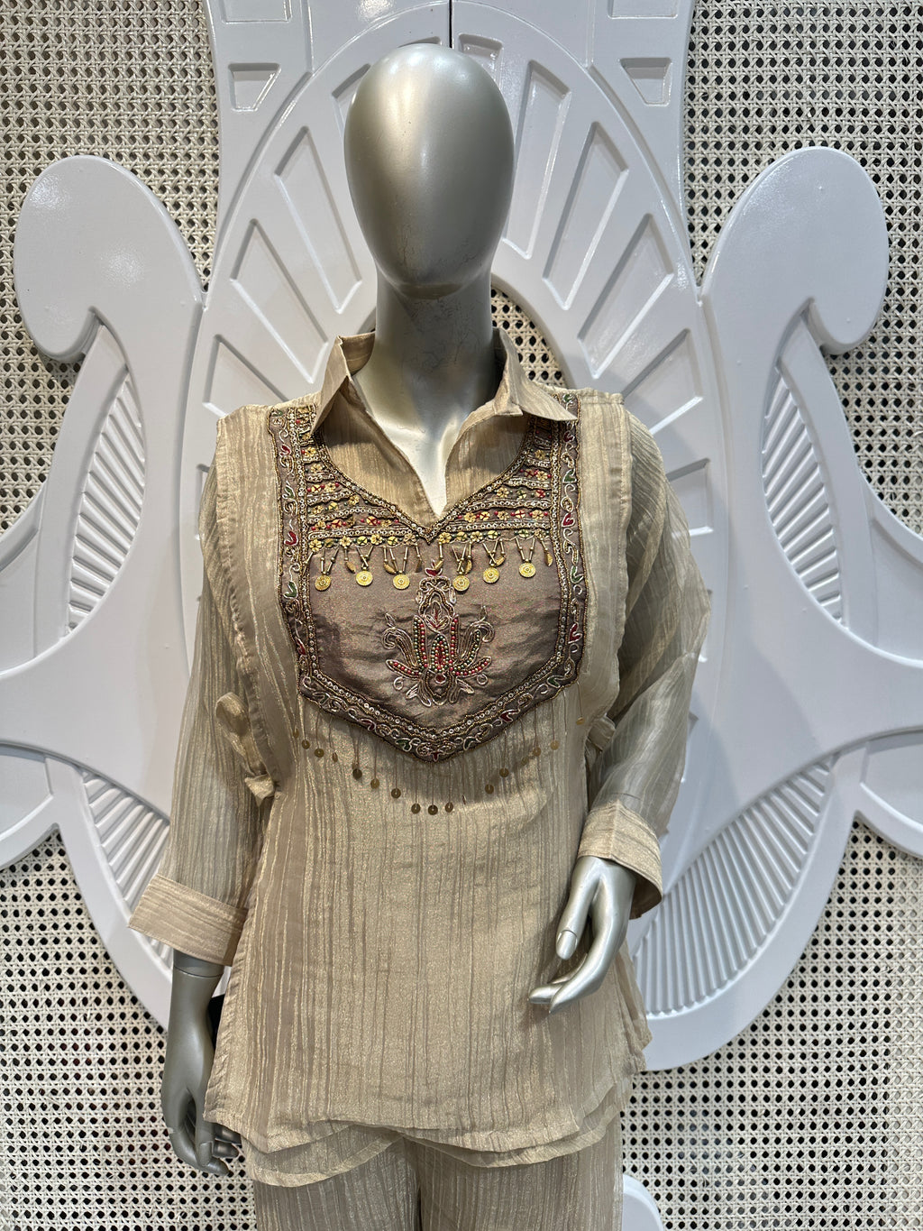 Champagne Beige Embellished Layered Co-Ord Set