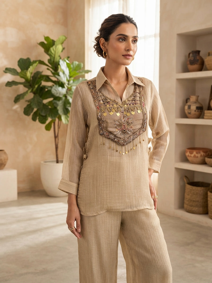 Champagne Beige Embellished Layered Co-Ord Set