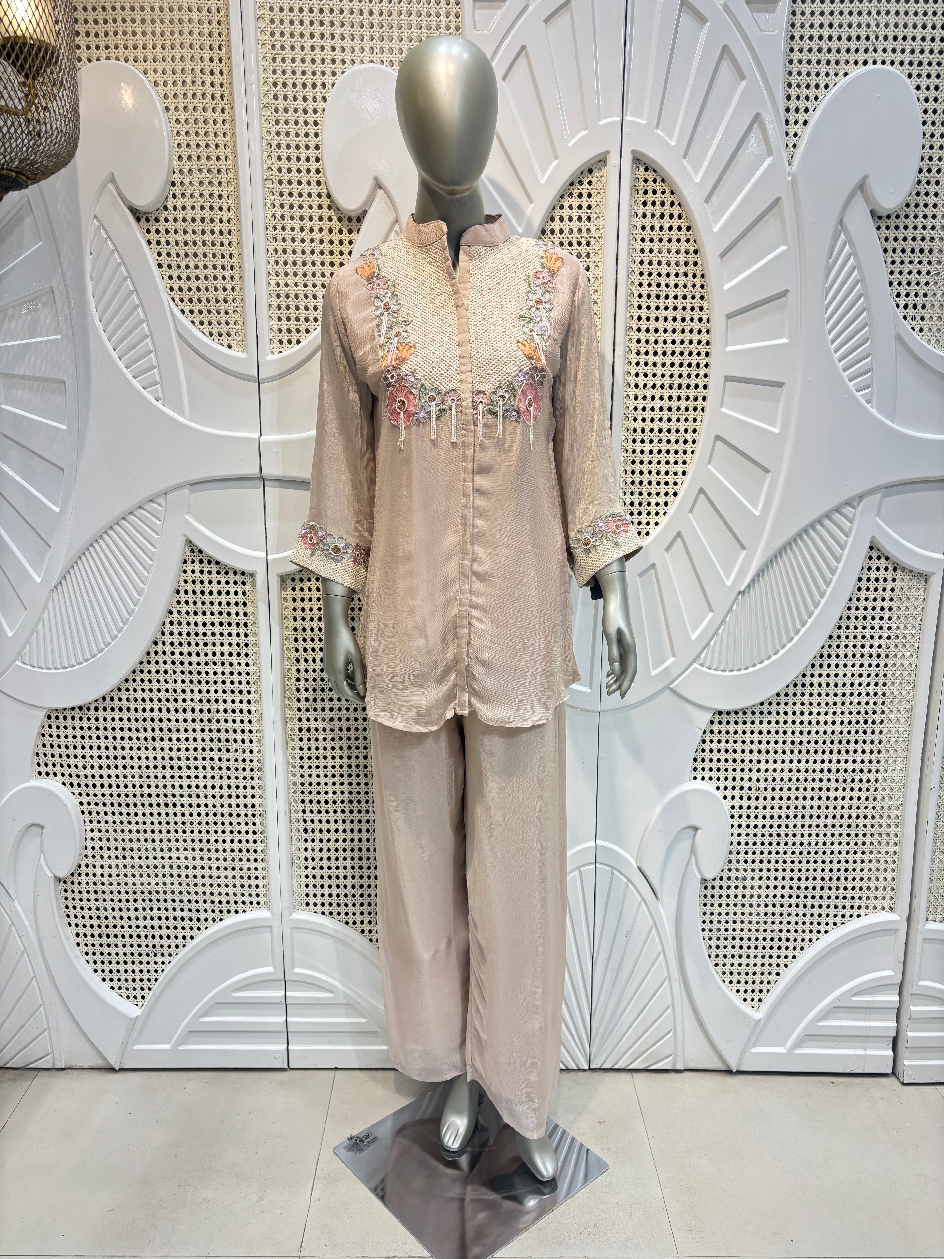 Blush Taupe Embroidered Shirt Co-Ord Set