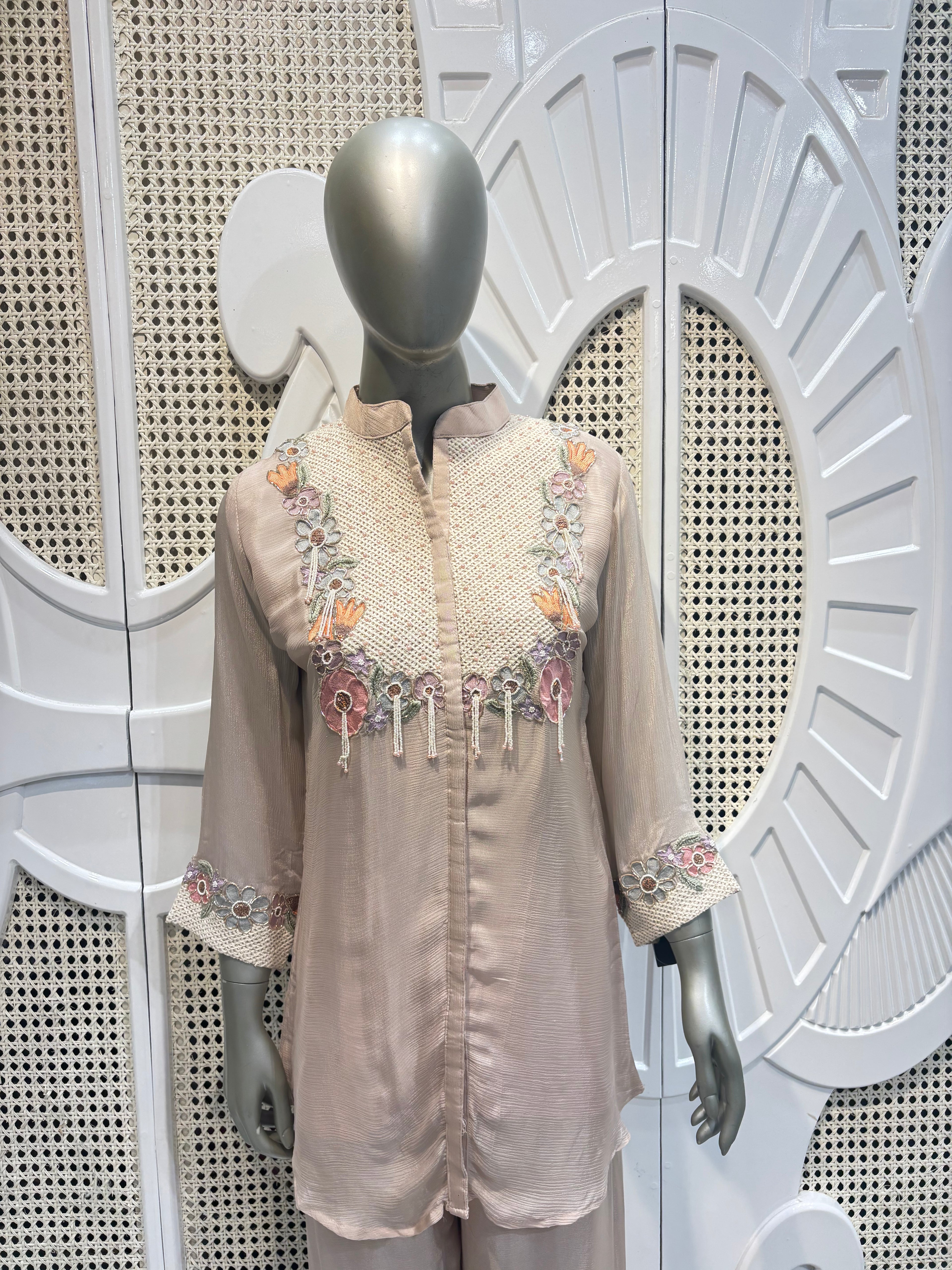 Blush Taupe Embroidered Shirt Co-Ord Set