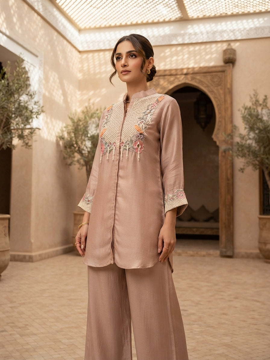 Blush Taupe Embroidered Shirt Co-Ord Set