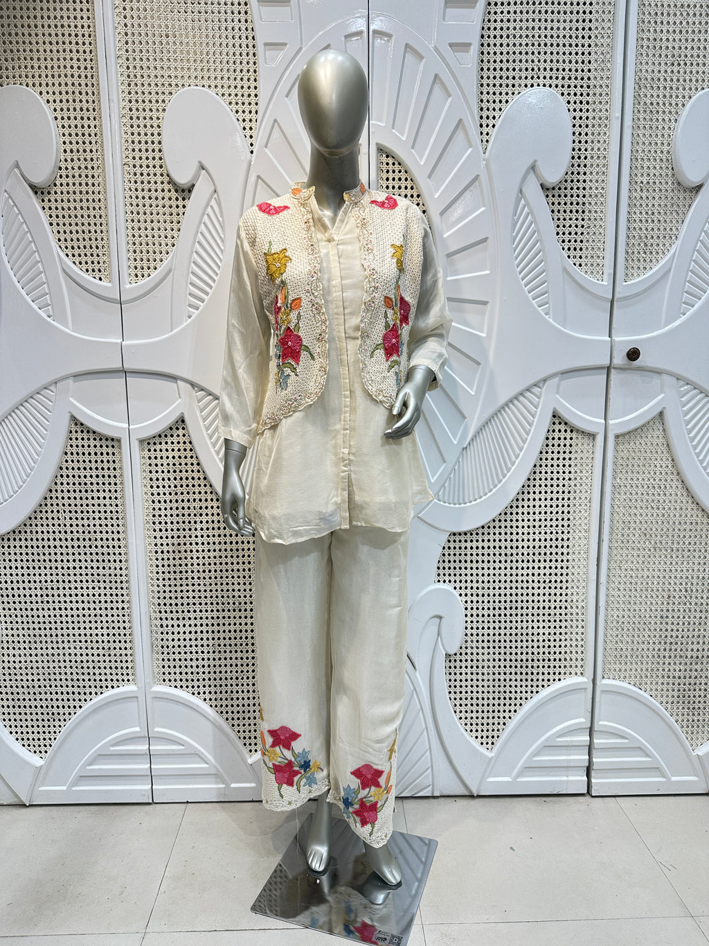 Ivory Floral Embroidered Three-Piece Co-Ord Set