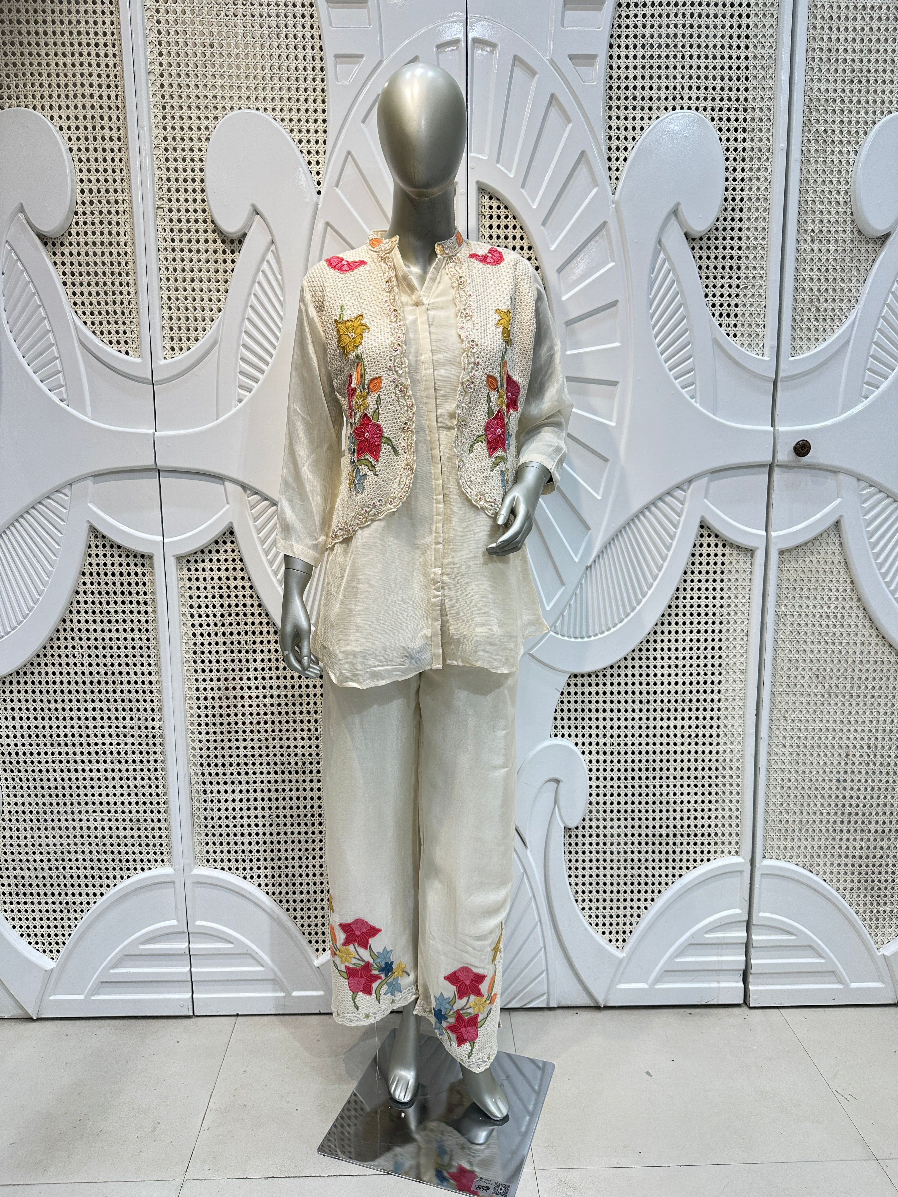 Ivory Floral Embroidered Three-Piece Co-Ord Set