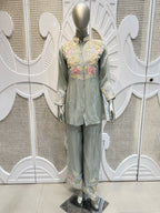 Sage Green Floral Embroidered Shirt Co-Ord Set