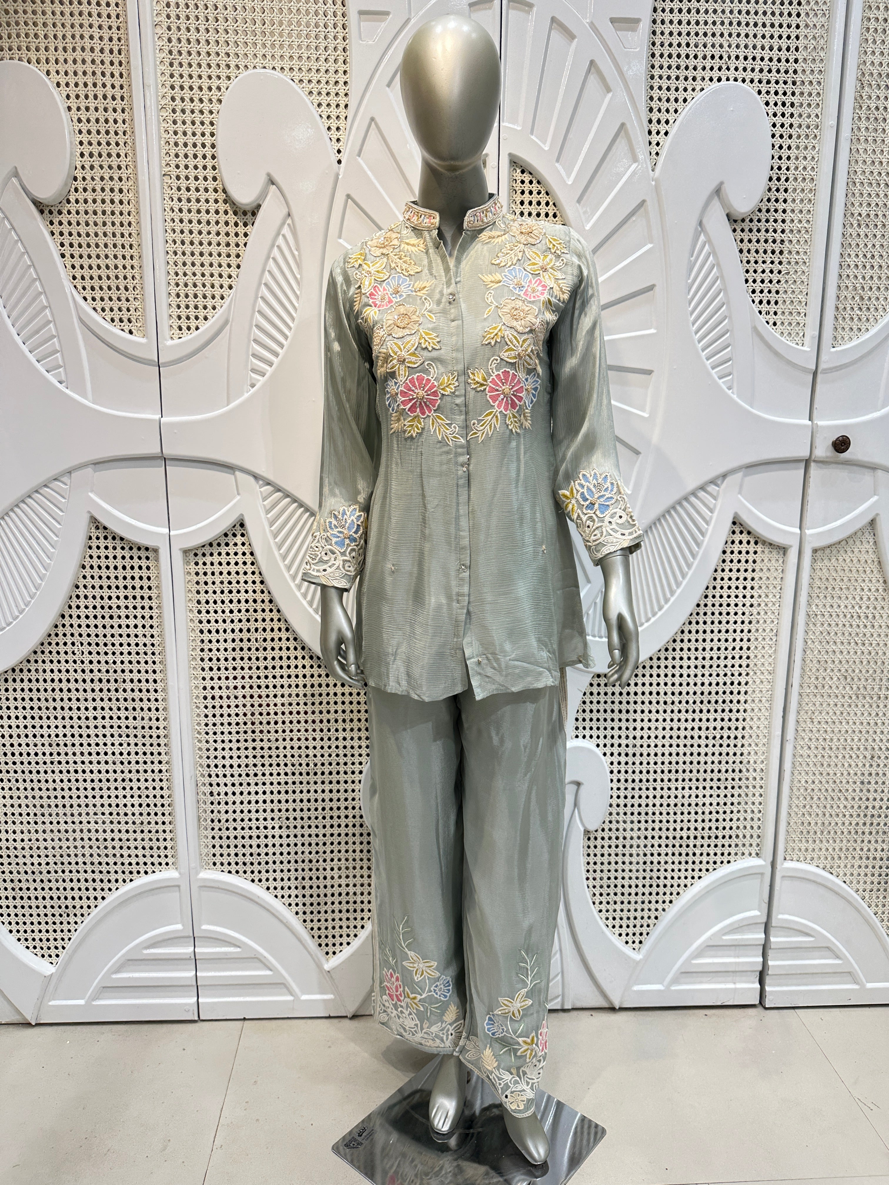 Sage Green Floral Embroidered Shirt Co-Ord Set
