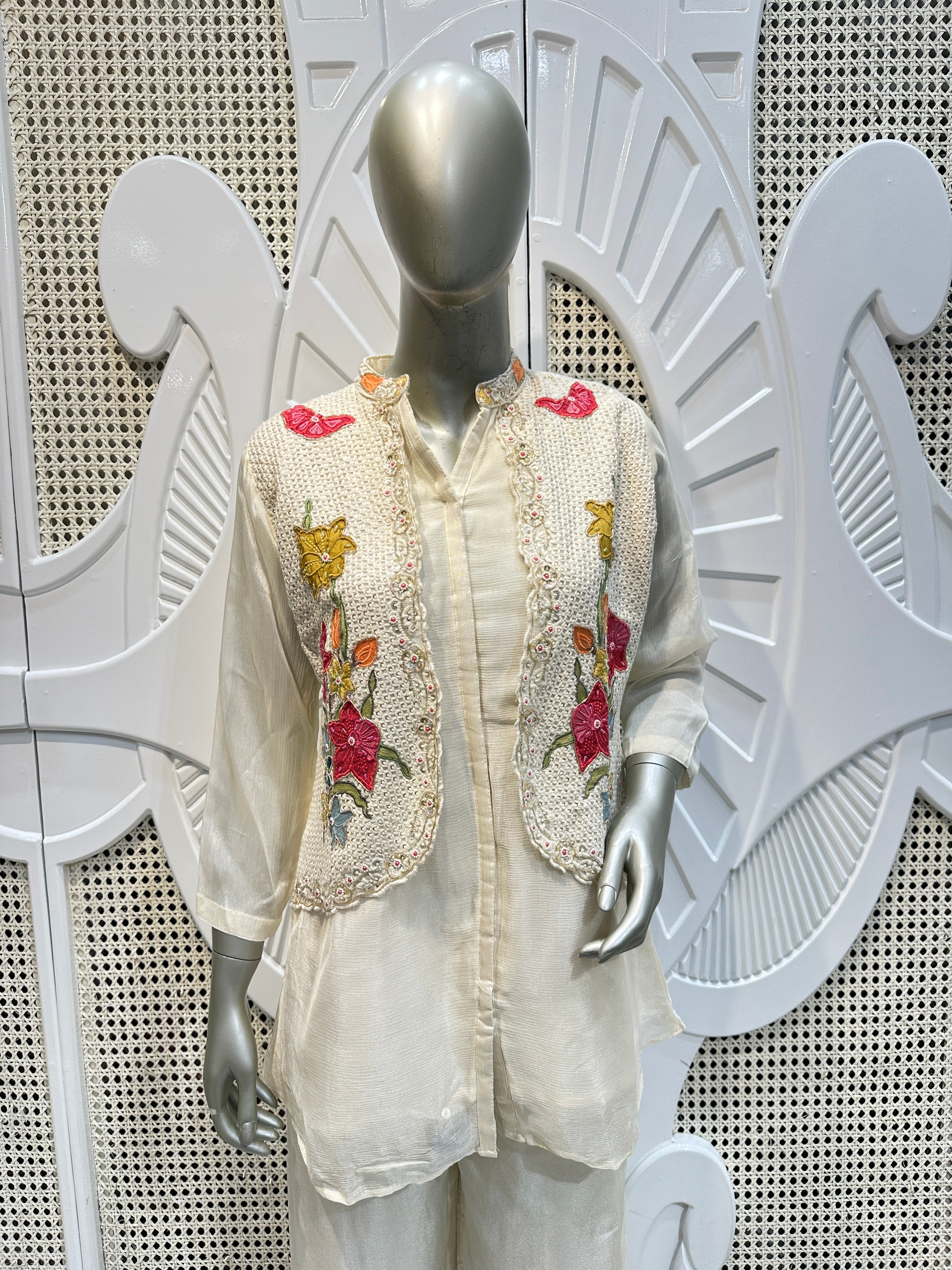 Ivory Floral Embroidered Three-Piece Co-Ord Set