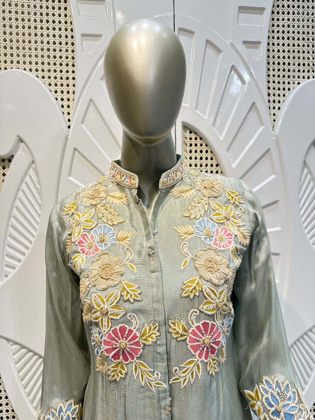 Sage Green Floral Embroidered Shirt Co-Ord Set