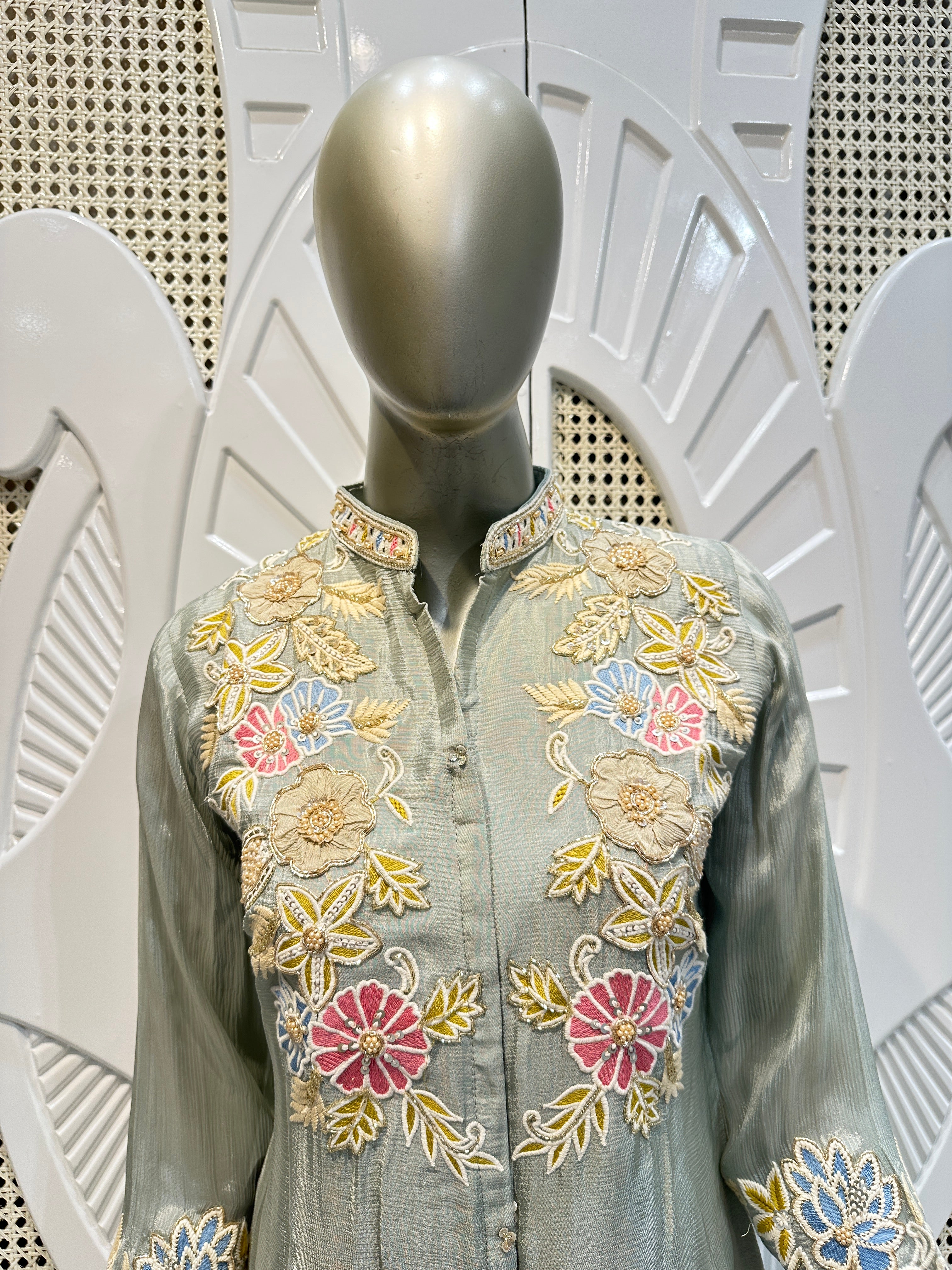 Sage Green Floral Embroidered Shirt Co-Ord Set