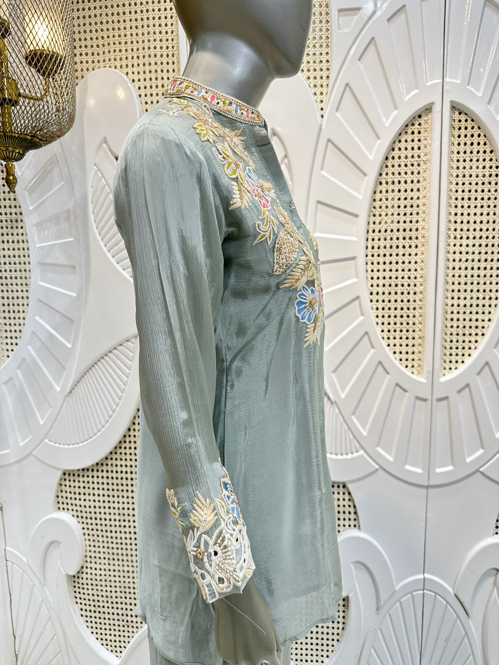 Sage Green Floral Embroidered Shirt Co-Ord Set