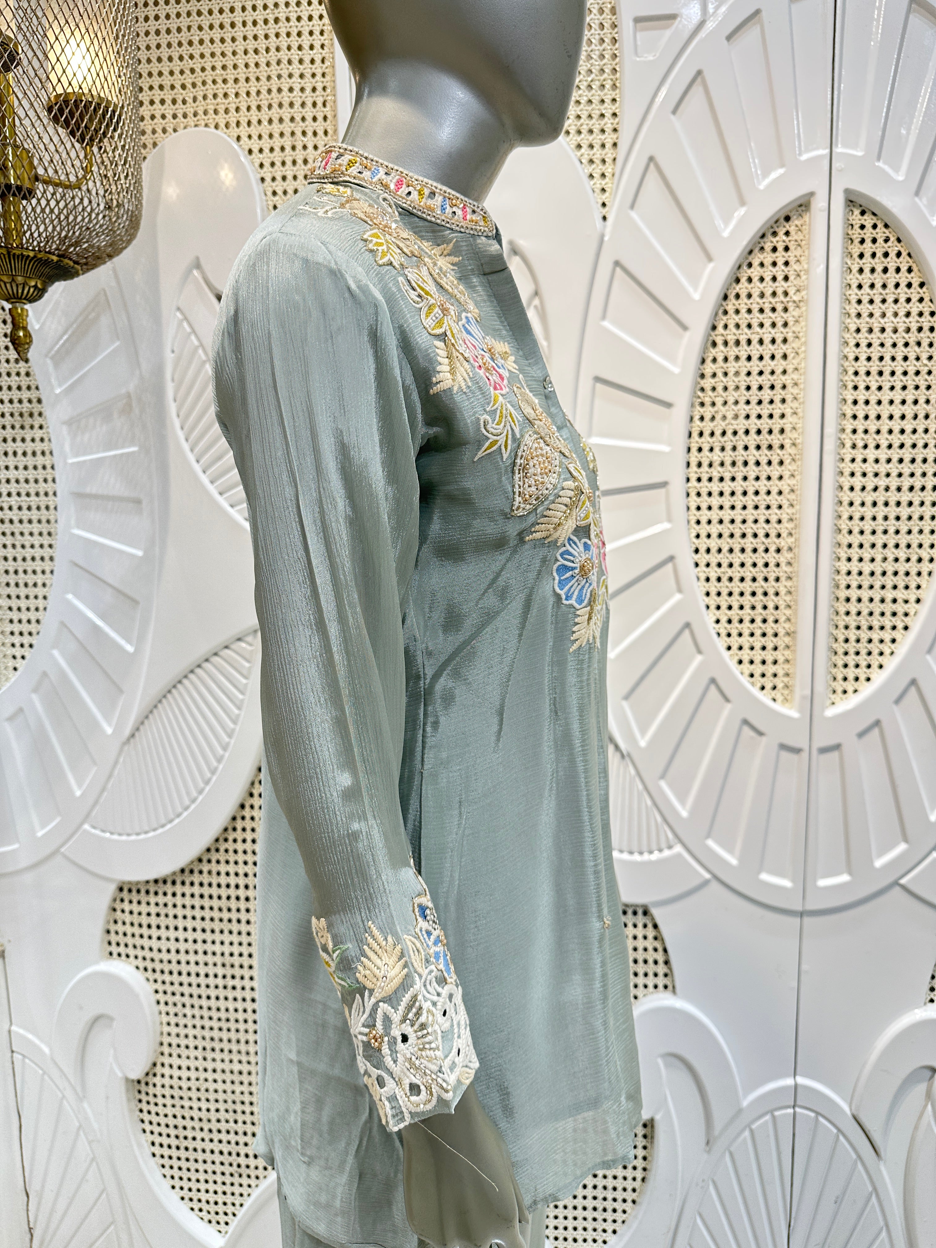 Sage Green Floral Embroidered Shirt Co-Ord Set
