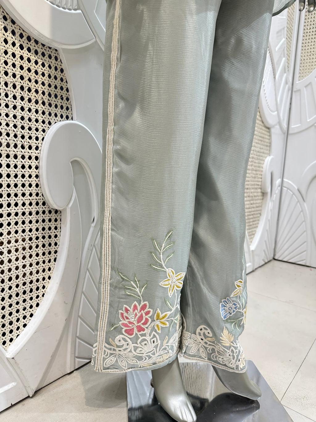 Sage Green Floral Embroidered Shirt Co-Ord Set