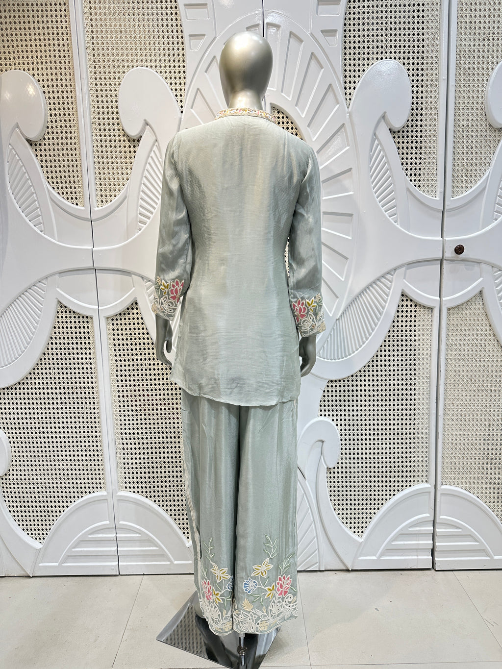 Sage Green Floral Embroidered Shirt Co-Ord Set