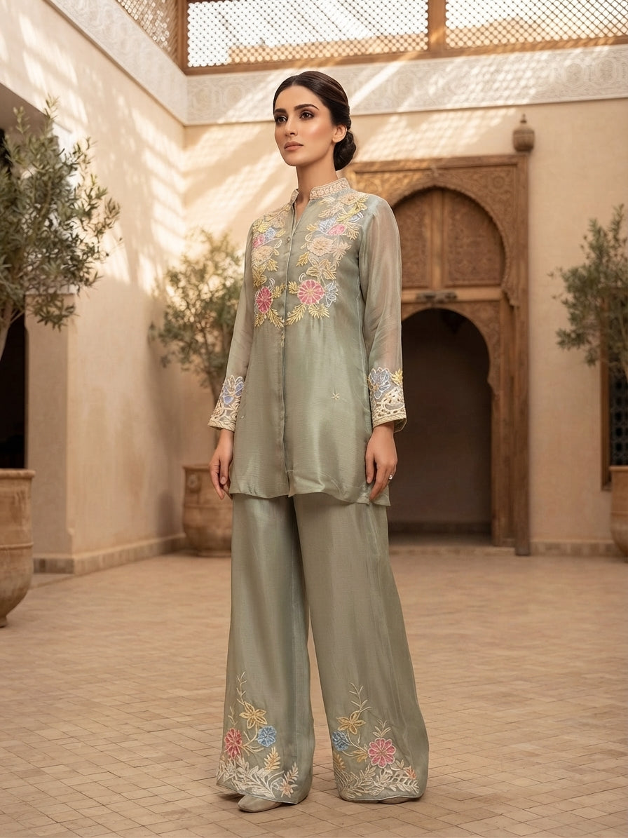 Sage Green Floral Embroidered Shirt Co-Ord Set