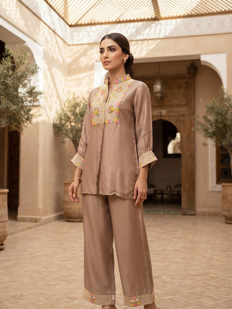 Mocha Brown Embellished Shirt Co-Ord Set
