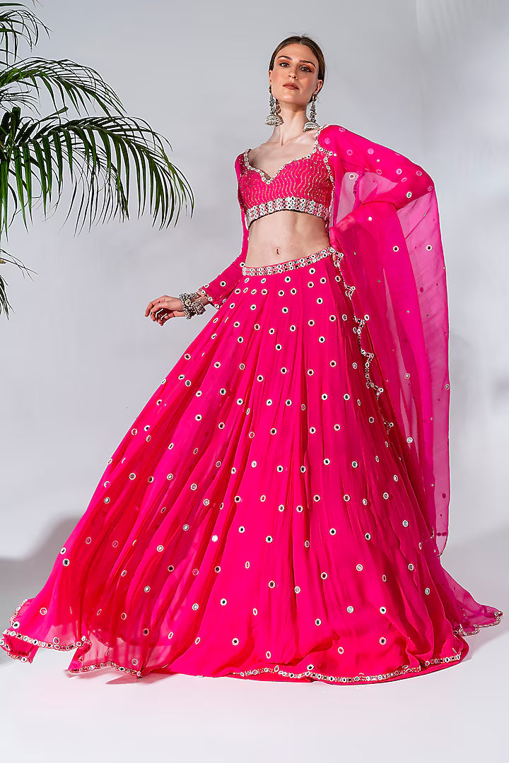 Fuchsia Georgette Embroidered Lehenga Set