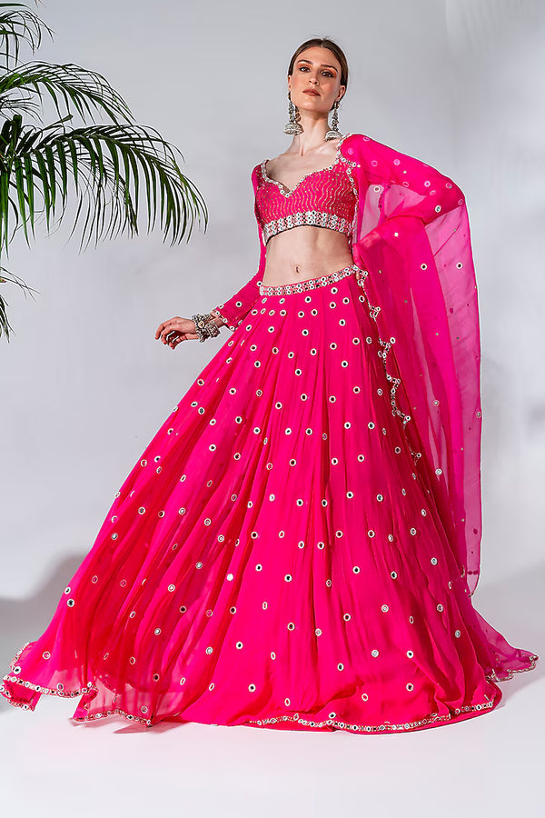 Fuchsia Georgette Embroidered Lehenga Set
