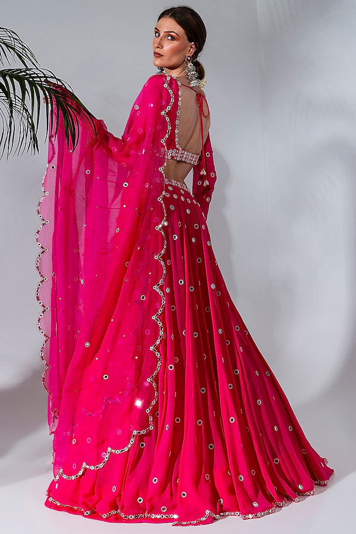 Fuchsia Georgette Embroidered Lehenga Set