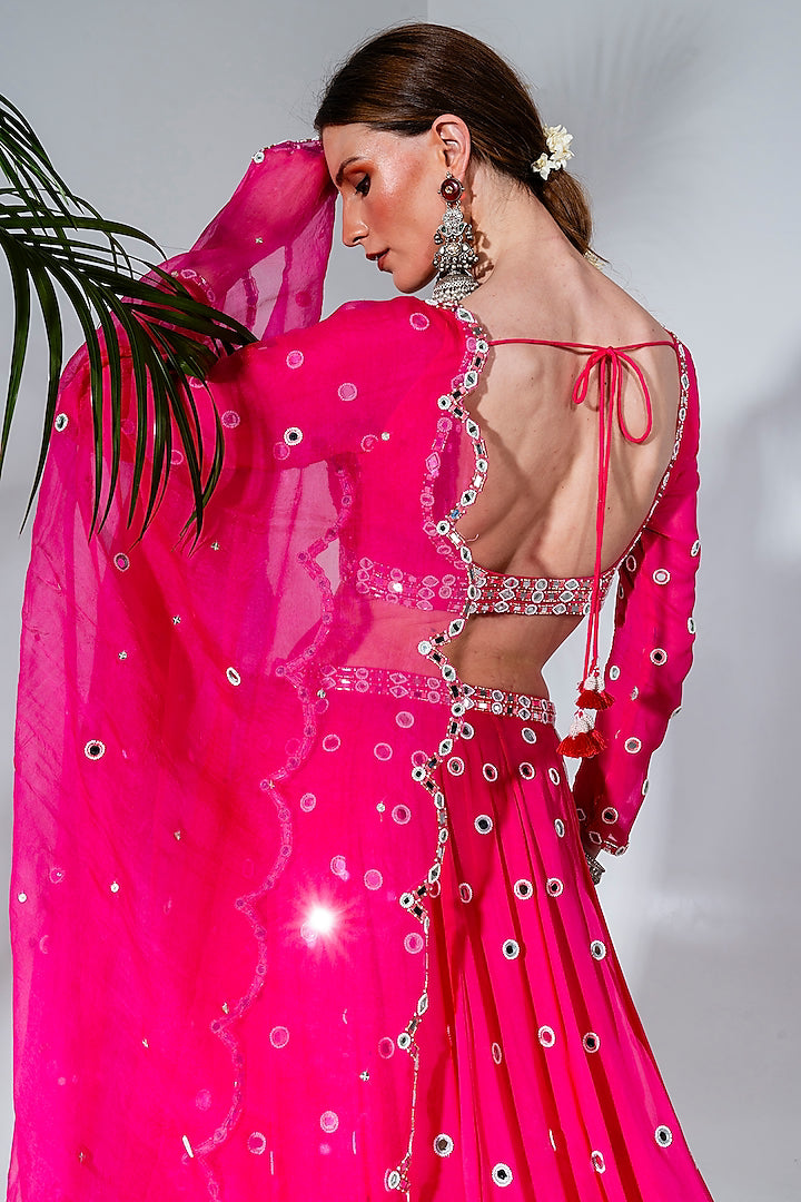 Fuchsia Georgette Embroidered Lehenga Set