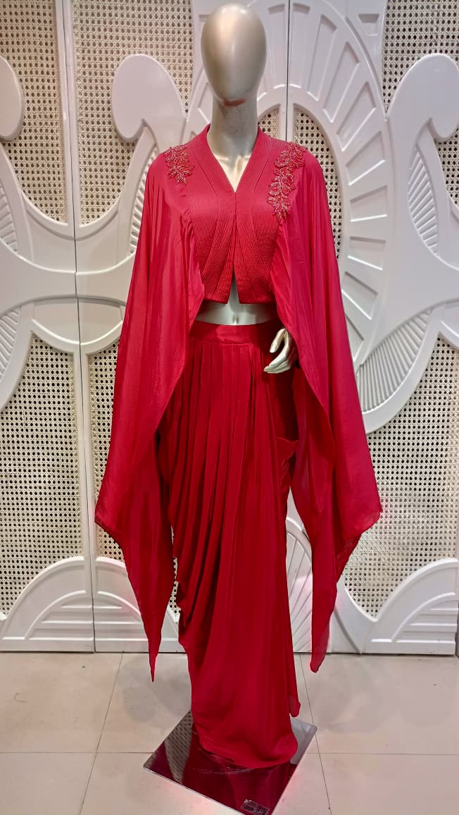 Fuchsia Pink Embellished Cape & Draped Skirt Set