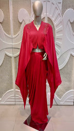 Fuchsia Pink Embellished Cape & Draped Skirt Set