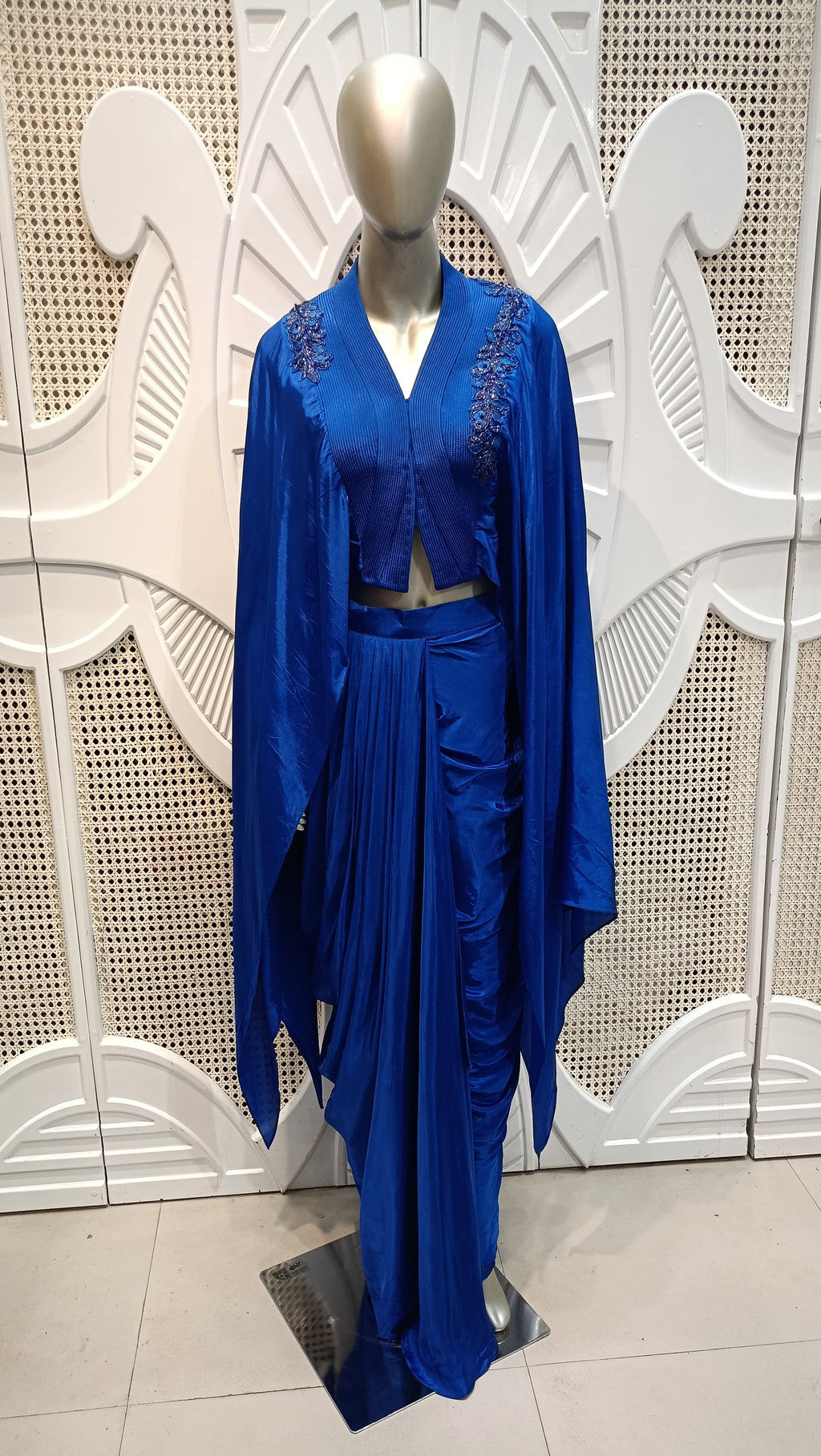 Royal Blue Embellished Cape Draped Skirt Set