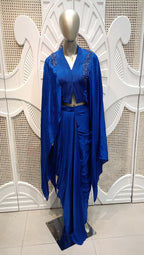 Royal Blue Embellished Cape Draped Skirt Set