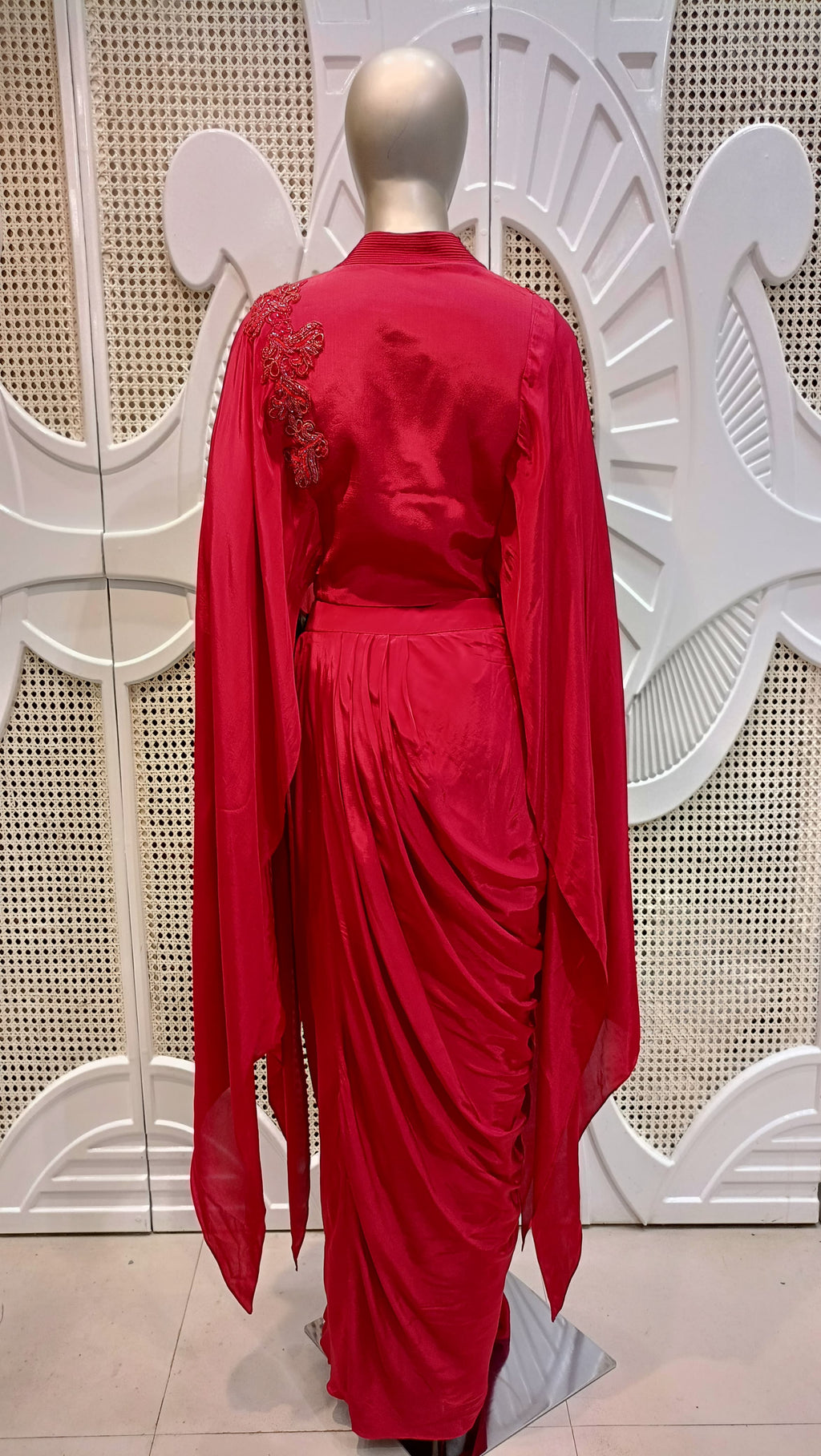 Fuchsia Pink Embellished Cape & Draped Skirt Set