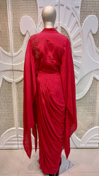 Fuchsia Pink Embellished Cape & Draped Skirt Set