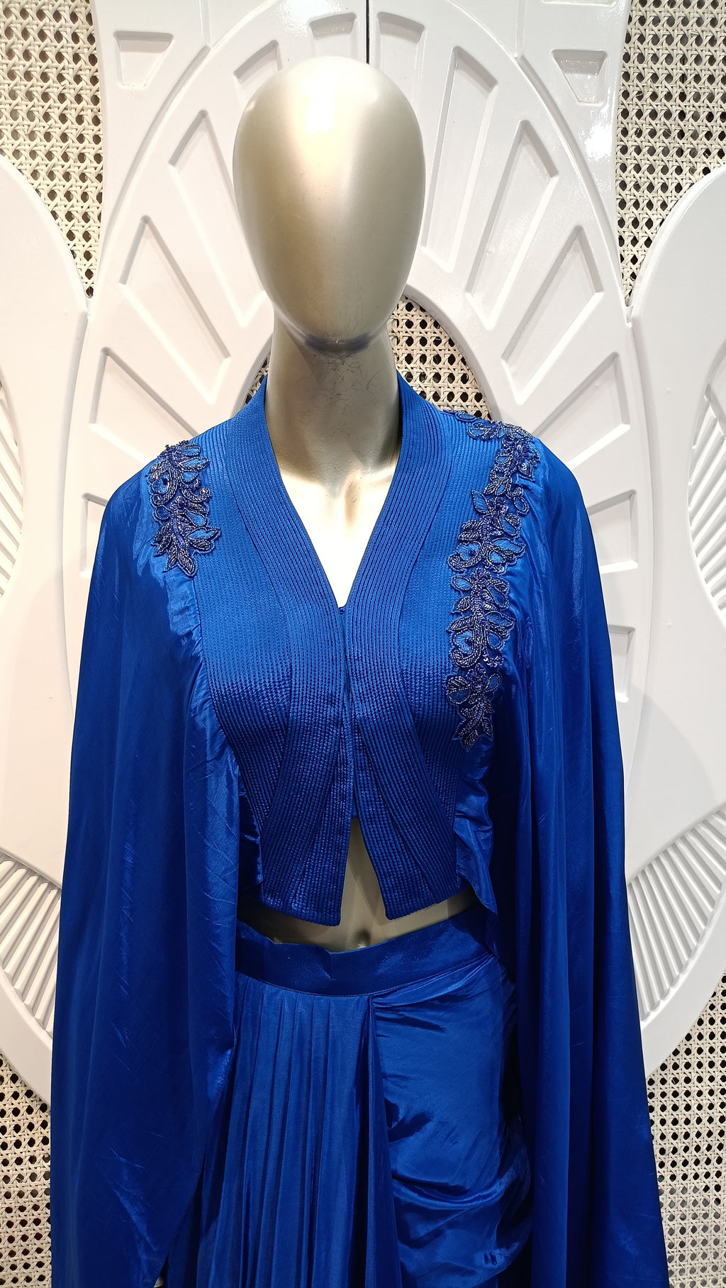 Royal Blue Embellished Cape Draped Skirt Set