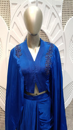 Royal Blue Embellished Cape Draped Skirt Set