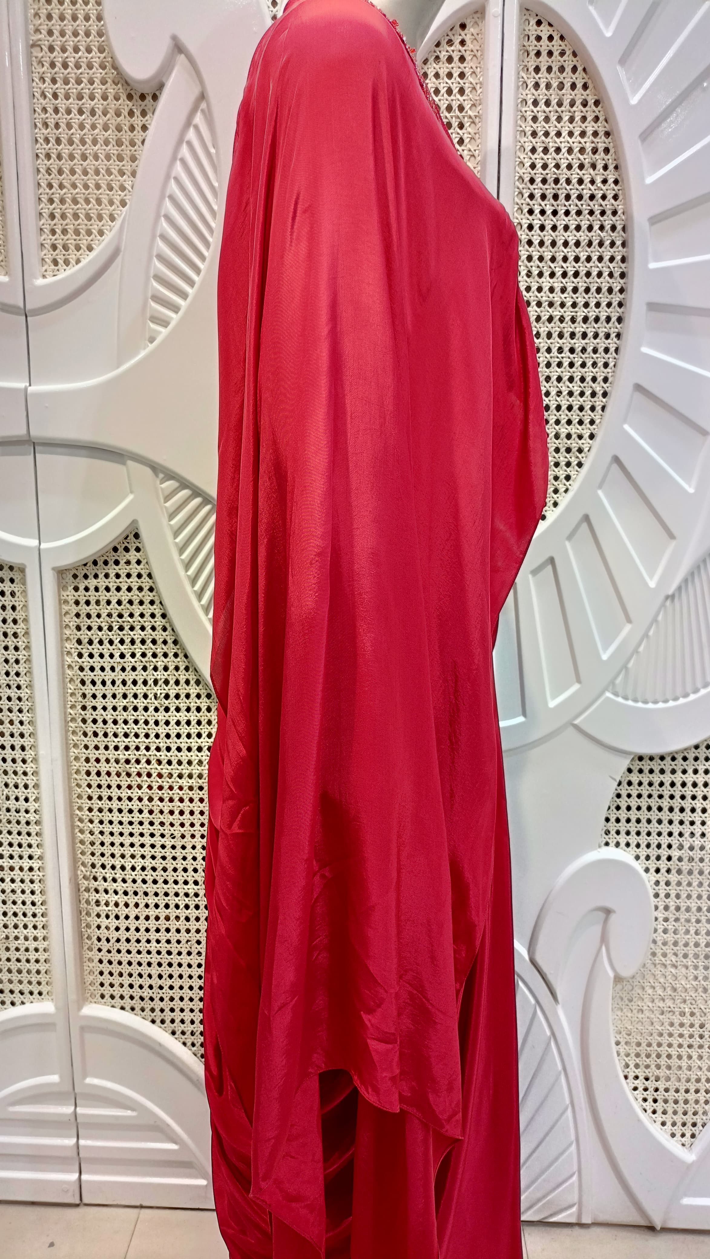 Fuchsia Pink Embellished Cape & Draped Skirt Set