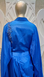 Royal Blue Embellished Cape Draped Skirt Set
