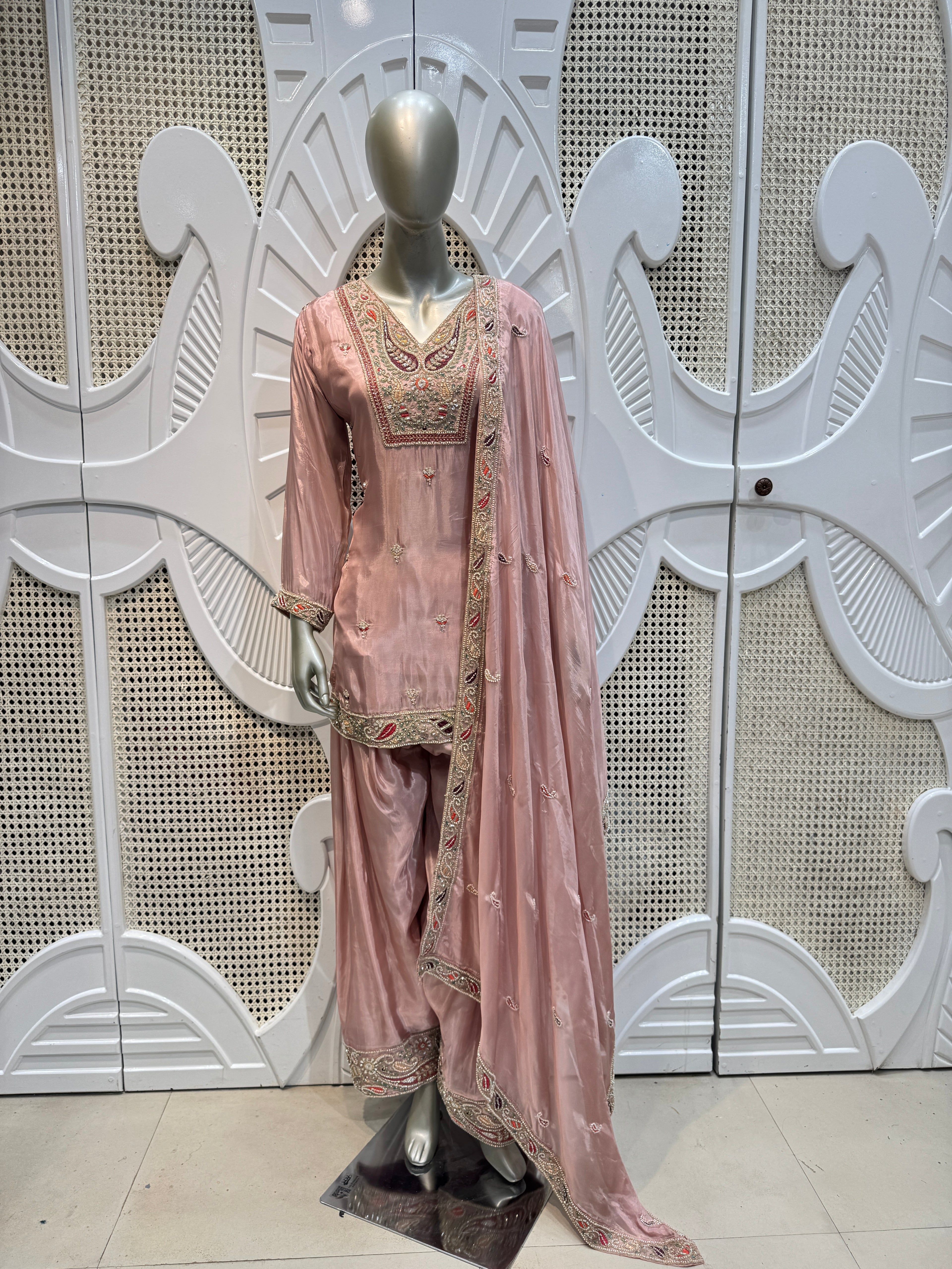 Old Rose Embroidered Silk Kurta Farshi Salwar Set