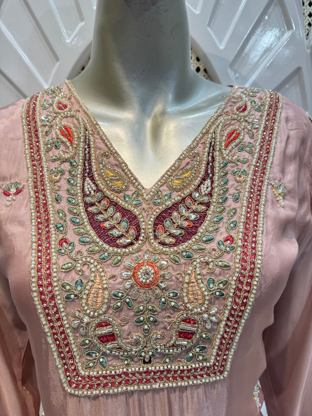 Old Rose Embroidered Silk Kurta Farshi Salwar Set