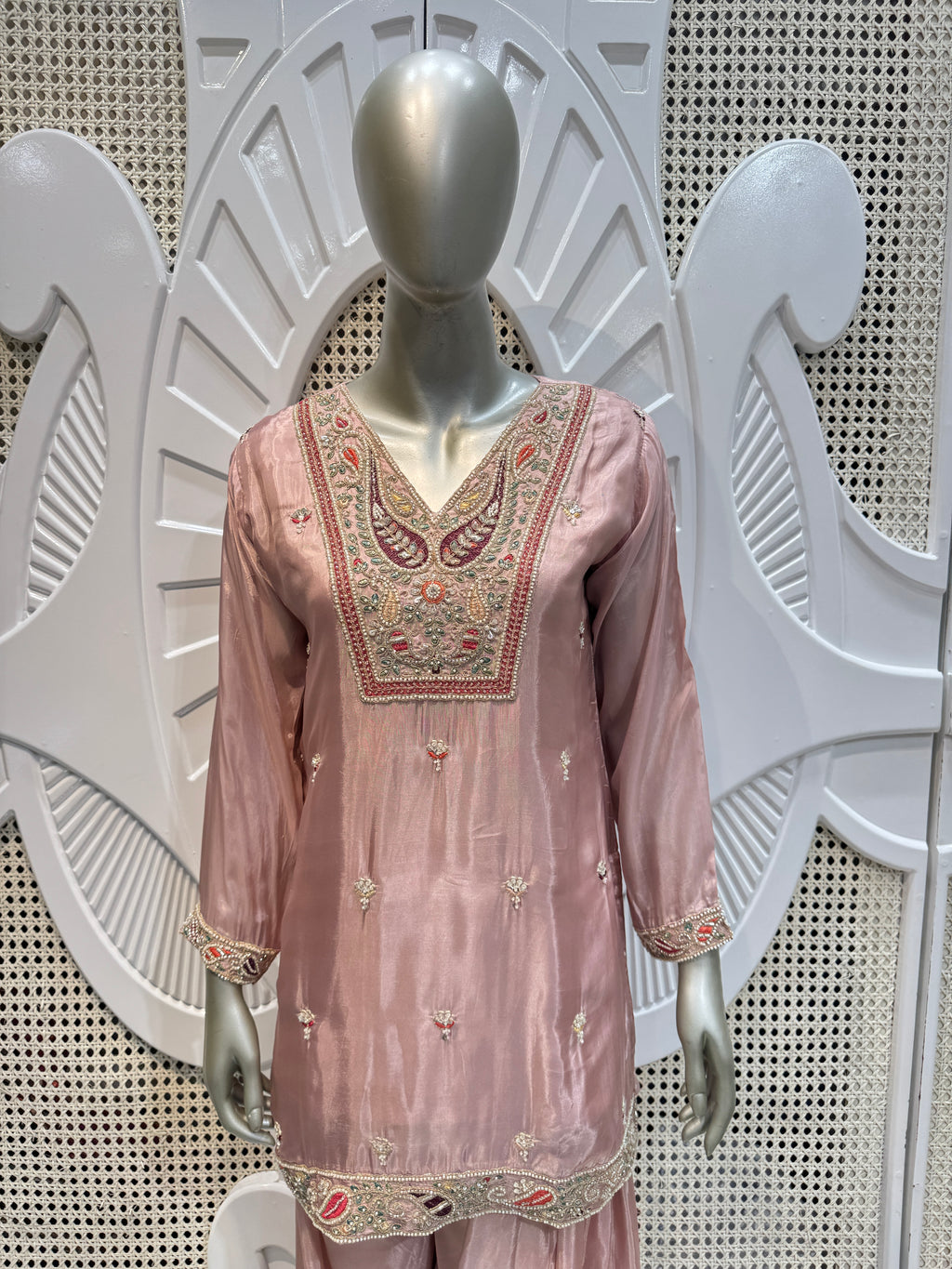 Old Rose Embroidered Silk Kurta Farshi Salwar Set