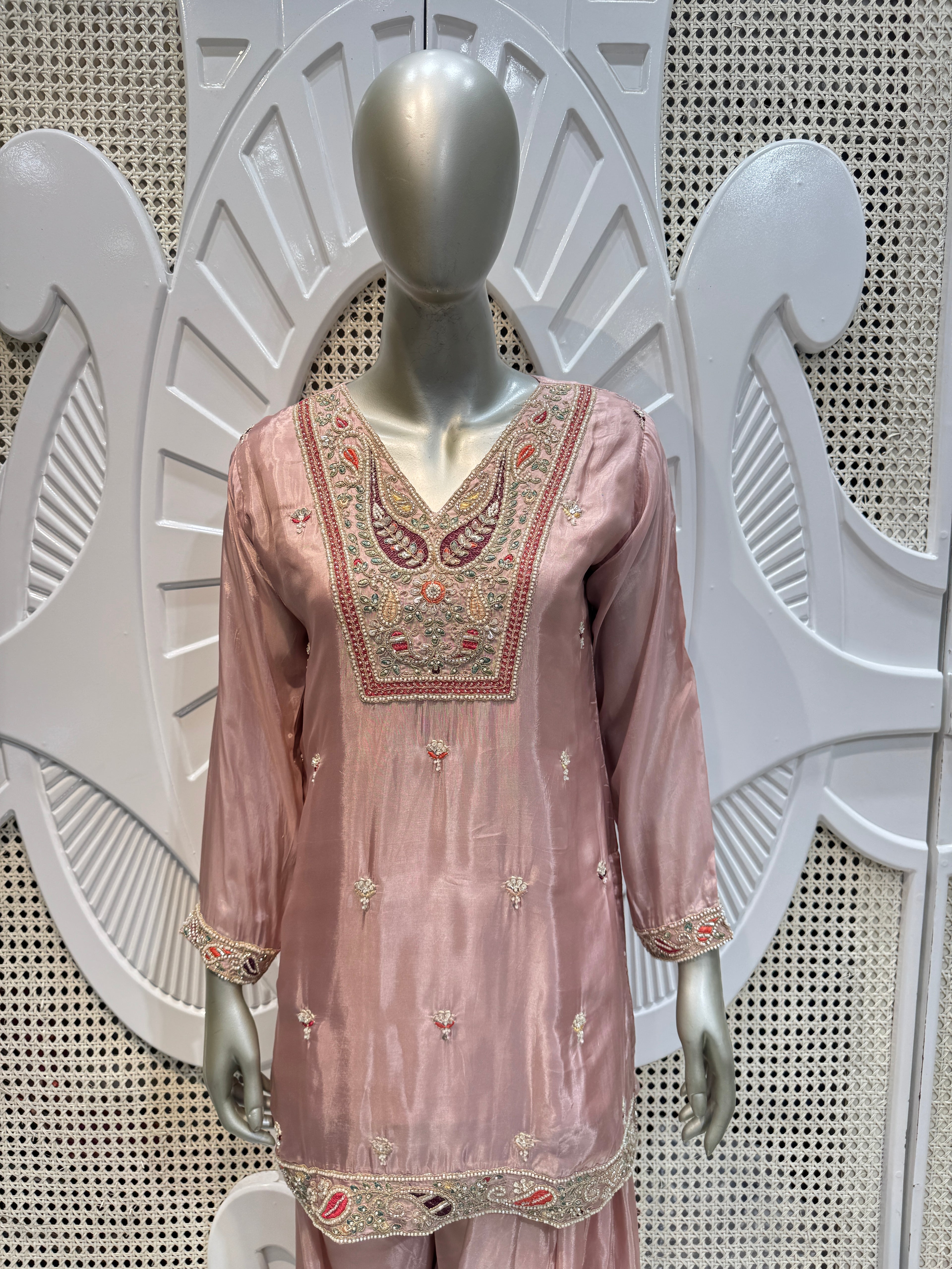 Old Rose Embroidered Silk Kurta Farshi Salwar Set