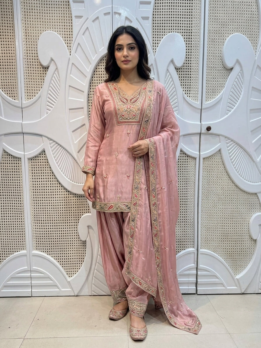 Old Rose Embroidered Silk Kurta Farshi Salwar Set
