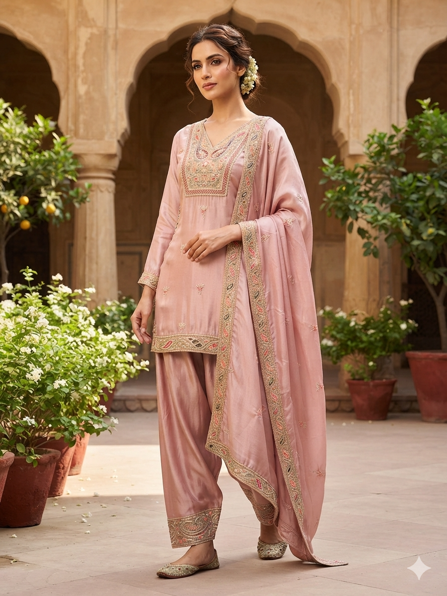 Old Rose Embroidered Silk Kurta Farshi Salwar Set